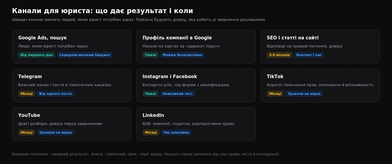 Канали просування для юриста: швидкість результату й поріг входу