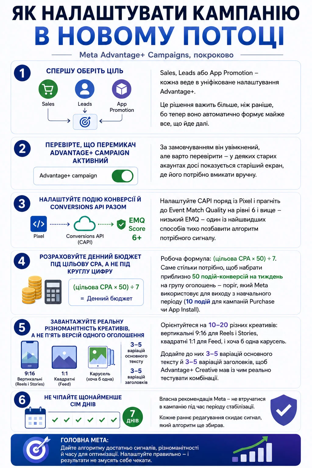 Інфографіка: як налаштувати кампанію Meta Advantage+ у новому потоці - оберіть ціль Sales, Leads чи App Promotion; перевірте, що перемикач Advantage+ campaign активний; налаштуйте подію конверсії й Conversions API разом для Event Match Quality 6+; розрахуйте денний бюджет за формулою цільова CPA помножена на 50 і поділена на 7, щоб набрати 50 конверсій на тиждень (10 для Purchase чи App Install); завантажте 10-20 різних креативів у форматах 9:16, 1:1 і карусель з 3-5 варіаціями тексту й заголовків; не чіпайте кампанію щонайменше 7 днів