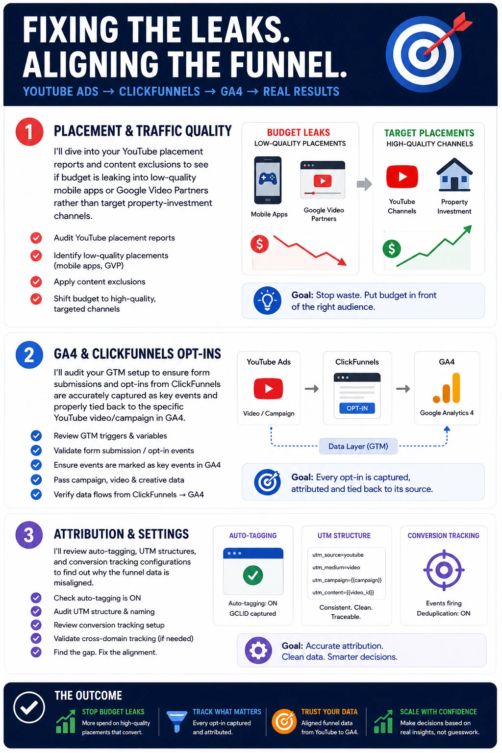 Інфографіка: виправлення витоків воронки YouTube Ads - ClickFunnels - GA4 у три кроки - аудит розміщень і якості трафіку, щоб зупинити витік бюджету в неякісні мобільні застосунки й Google Video Partners, виправлення трекінгу опт-інів GA4 і ClickFunnels через Google Tag Manager, щоб кожен опт-ін фіксувався і приписувався, та перевірка авто-тегування, структури UTM і налаштувань відстеження конверсій для точної атрибуції
